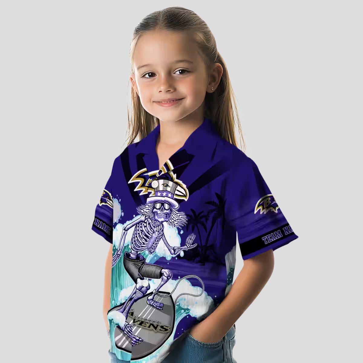 Personalized Ravens Beach Hawaiian Shirt - Surfing Skeleton Purple Blue Button Up