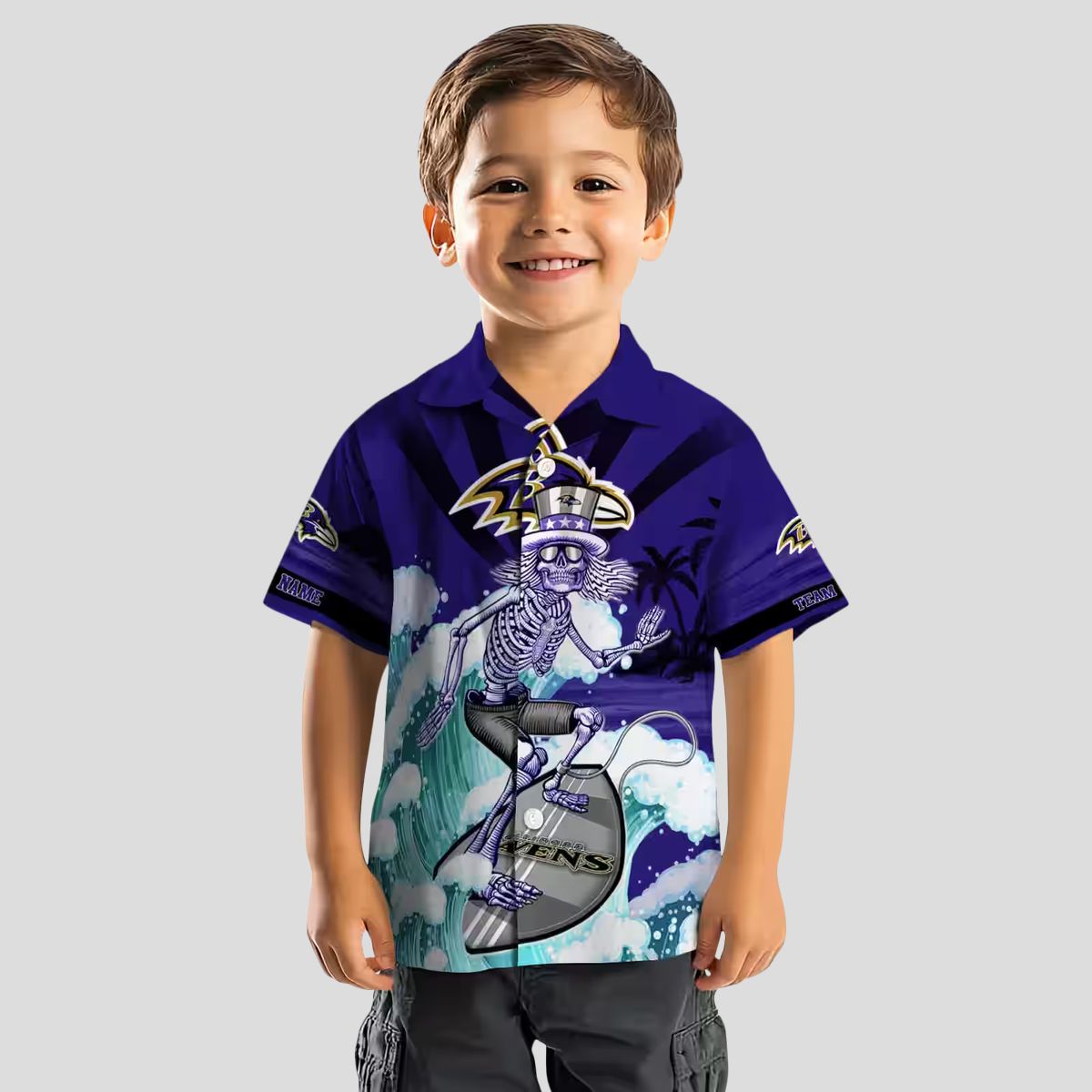 Personalized Ravens Beach Hawaiian Shirt - Surfing Skeleton Purple Blue Button Up