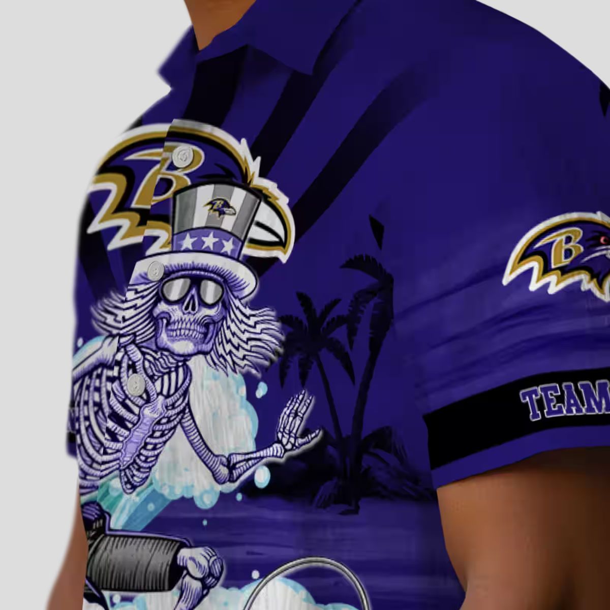 Personalized Ravens Beach Hawaiian Shirt - Surfing Skeleton Purple Blue Button Up