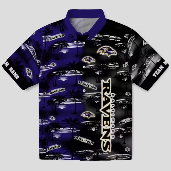 Personalized Ravens Summer Beach Hawaiian Shirt, Palm Silhouettes Purple Aloha Shirt