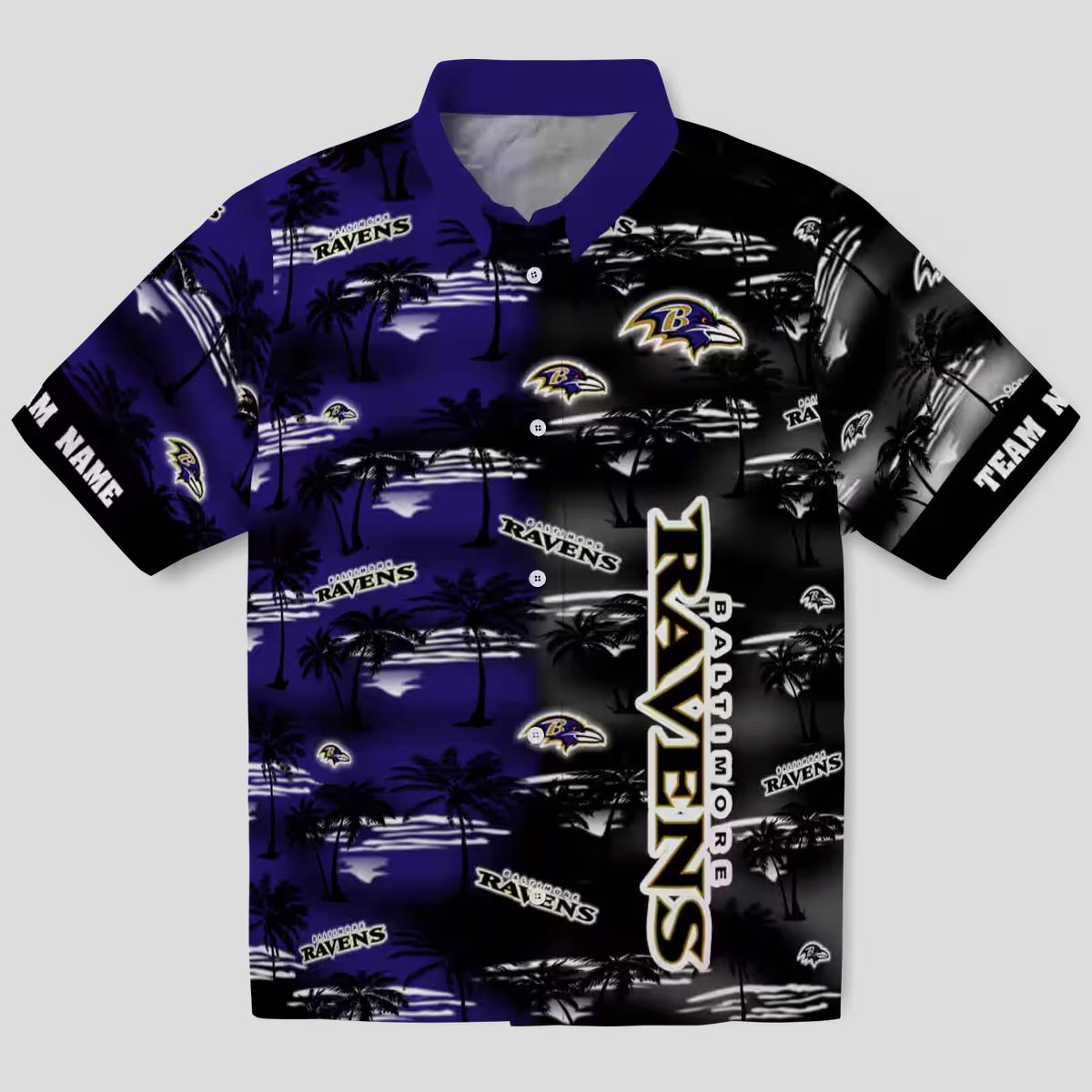 Personalized Ravens Summer Beach Hawaiian Shirt, Palm Silhouettes Purple Aloha Shirt
