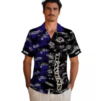 Personalized Ravens Summer Beach Hawaiian Shirt, Palm Silhouettes Purple Aloha Shirt