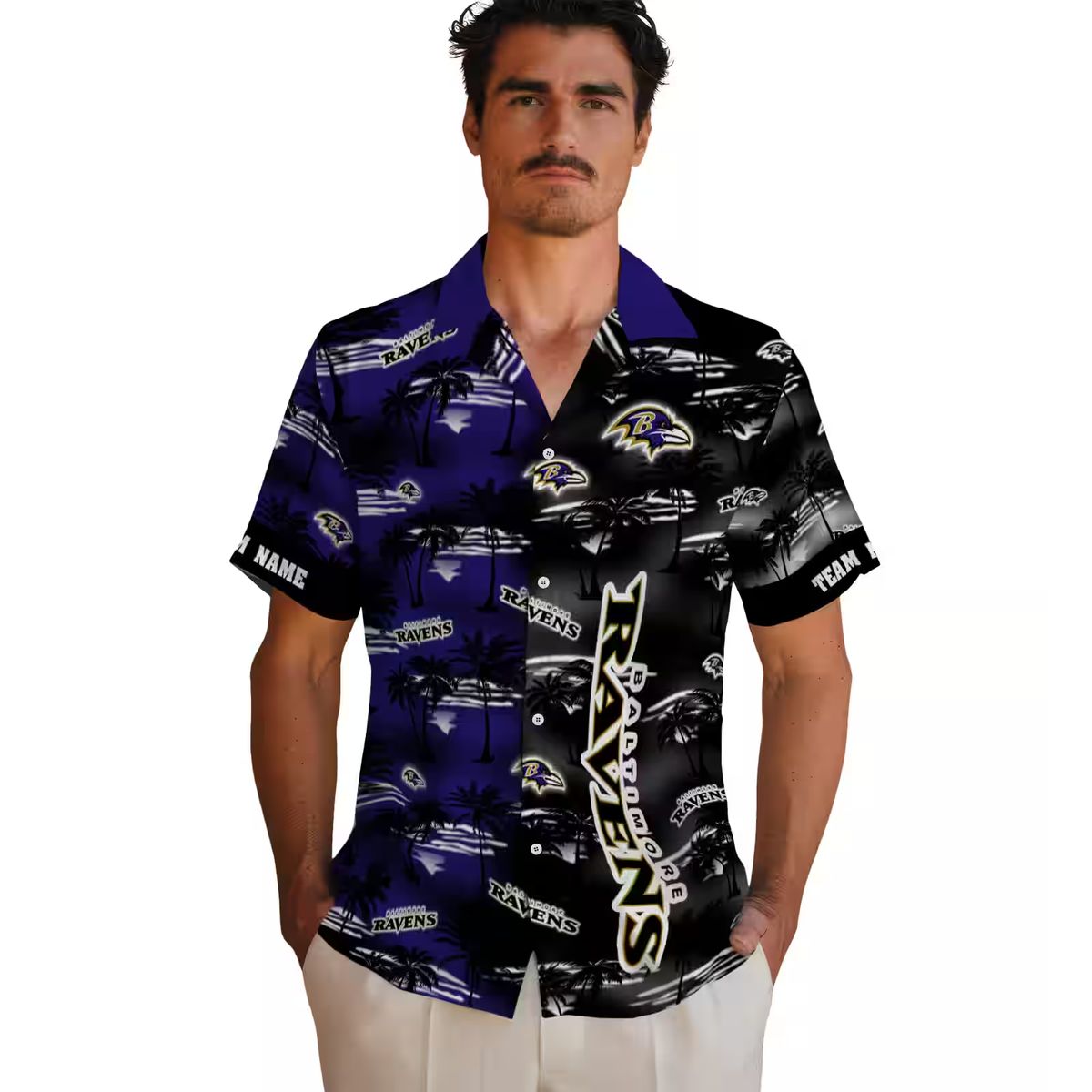 Personalized Ravens Summer Beach Hawaiian Shirt, Palm Silhouettes Purple Aloha Shirt