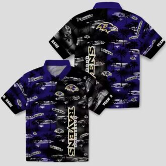 Personalized Ravens Summer Beach Shirt, Palm Silhouettes Purple Aloha Shirt