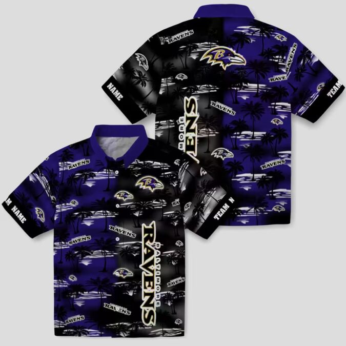 Personalized Ravens Summer Beach Shirt, Palm Silhouettes Purple Aloha Shirt