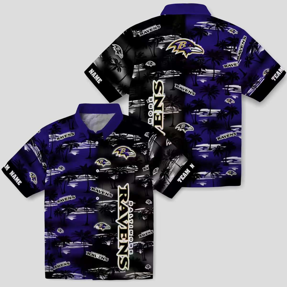Personalized Ravens Summer Beach Shirt, Palm Silhouettes Purple Aloha Shirt