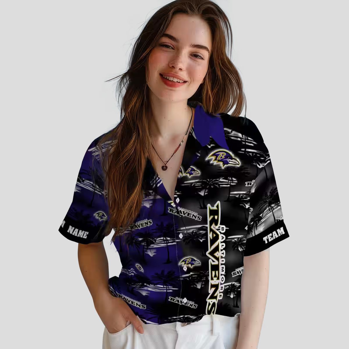 Personalized Ravens Summer Beach Hawaiian Shirt, Palm Silhouettes Purple Aloha Shirt