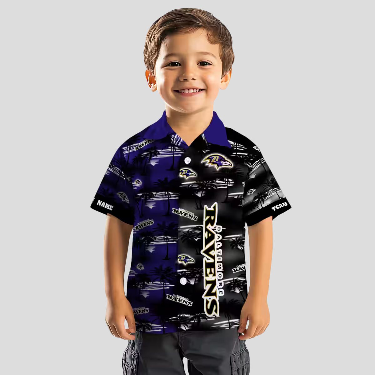 Personalized Ravens Summer Beach Hawaiian Shirt, Palm Silhouettes Purple Aloha Shirt