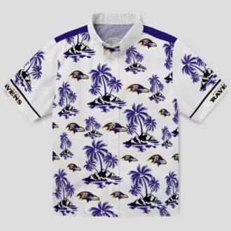 Purple White Baltimore Ravens Hawaiian Shirt with Palm Island Print