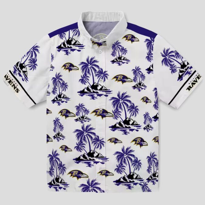 Purple White Baltimore Ravens Hawaiian Shirt with Palm Island Print