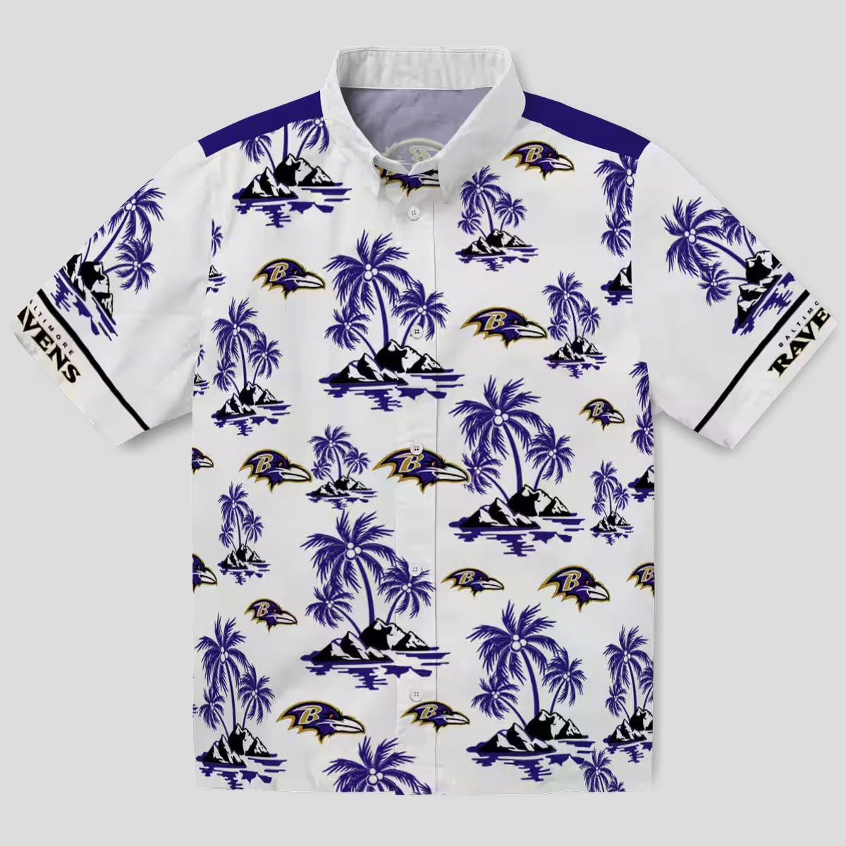 Purple White Baltimore Ravens Hawaiian Shirt with Palm Island Print
