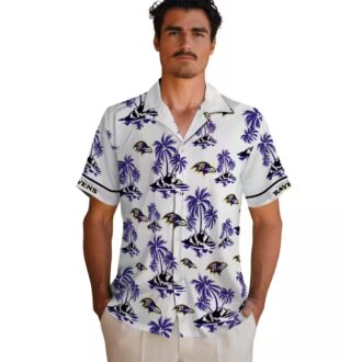 Purple White Baltimore Ravens Hawaiian Shirt with Palm Island Print