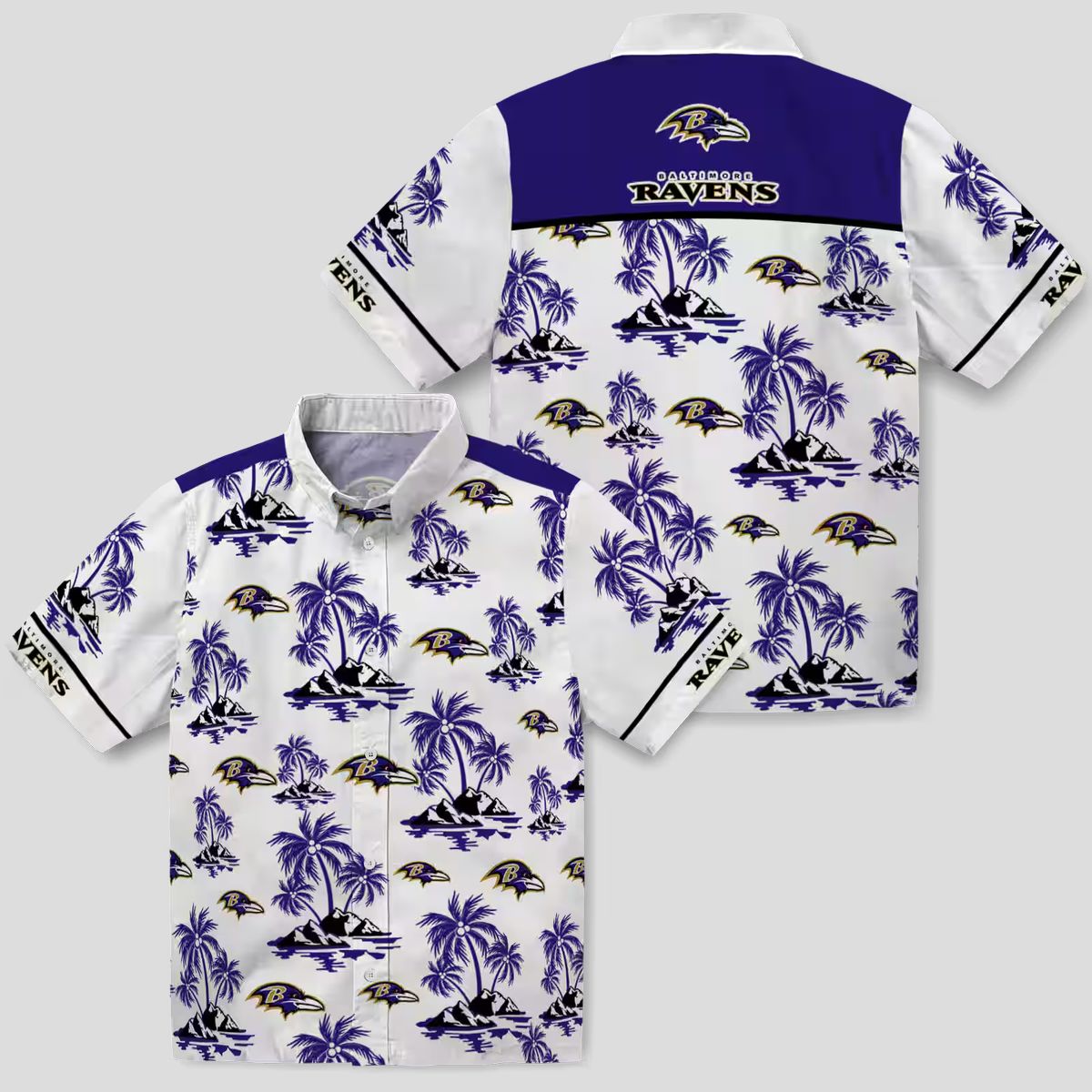 Purple White Baltimore Ravens Hawaiian Shirt with Palm Island Print