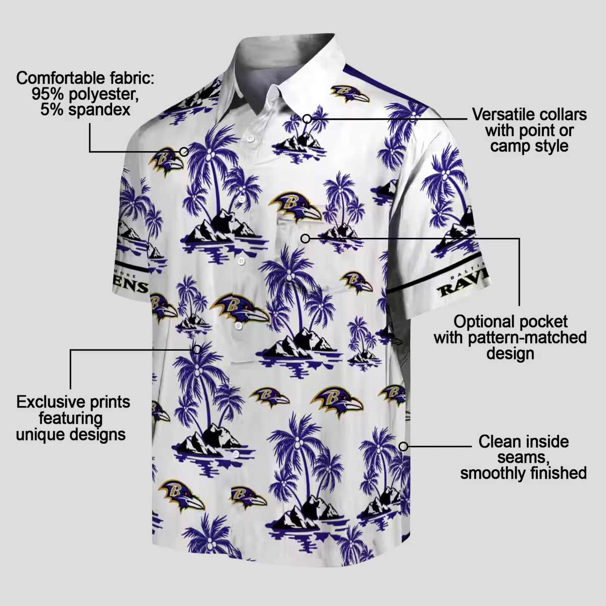 Purple White Baltimore Ravens Hawaiian Shirt with Palm Island Print