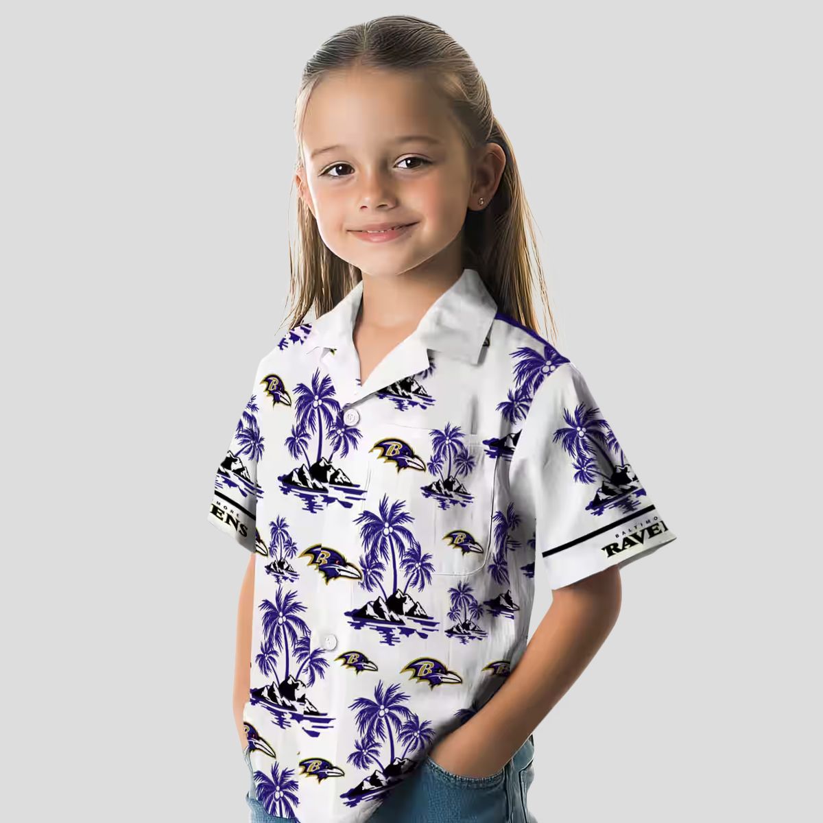 Purple White Baltimore Ravens Hawaiian Shirt with Palm Island Print