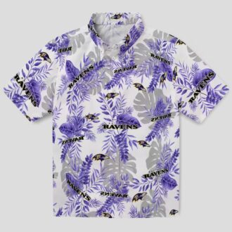 Purple White Baltimore Ravens Hawaiian Shirt, Tropical Leaves NFL Fan Apparel