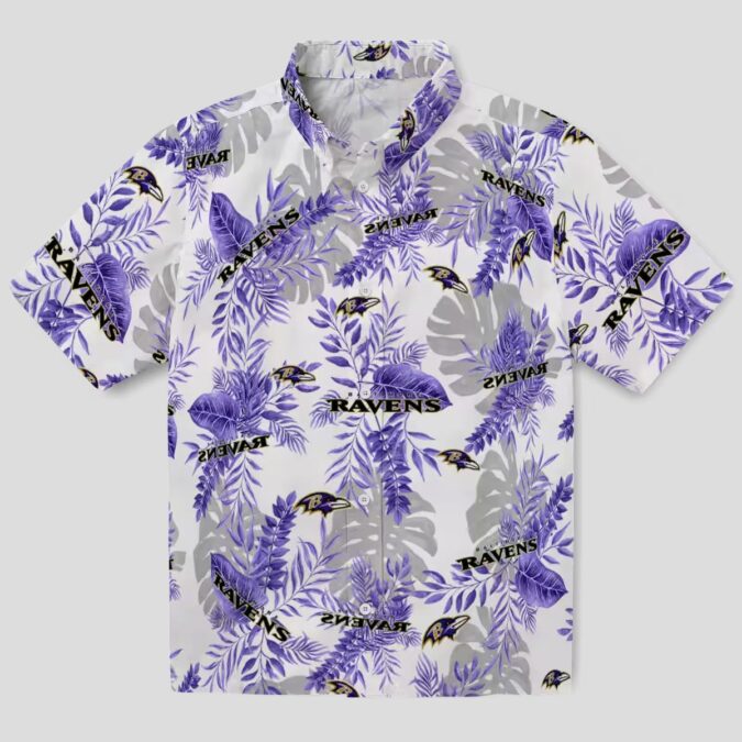 Purple White Baltimore Ravens Hawaiian Shirt, Tropical Leaves NFL Fan Apparel