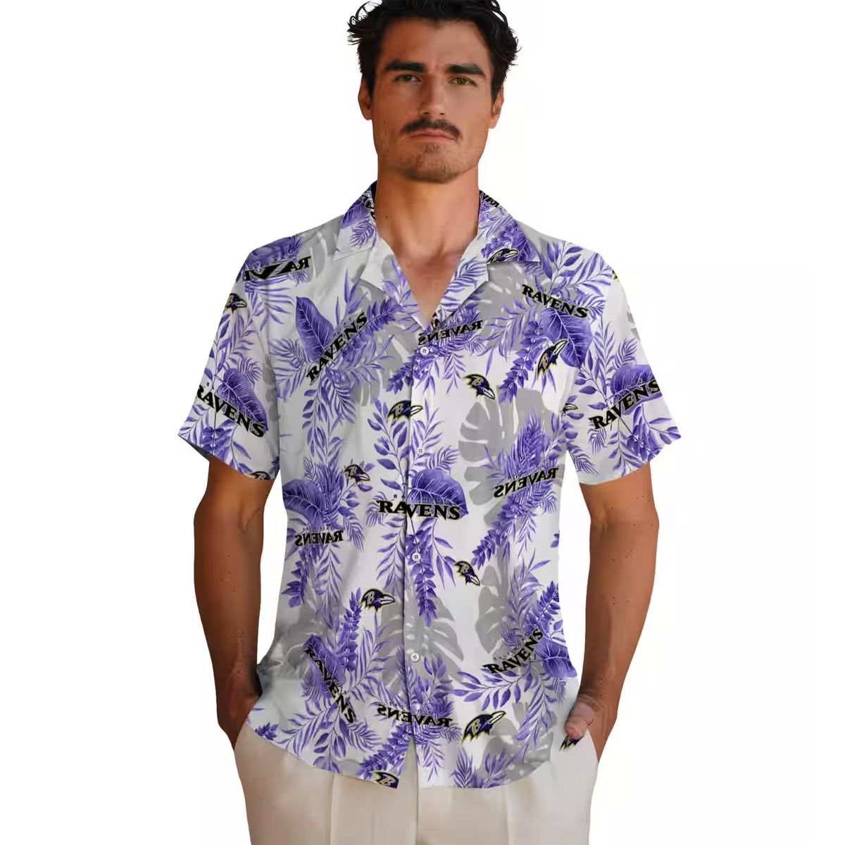 Purple White Baltimore Ravens Hawaiian Shirt, Tropical Leaves NFL Fan Apparel