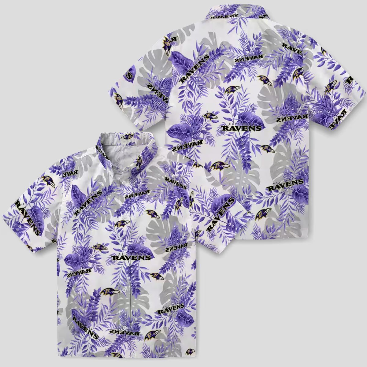 Purple White Baltimore Ravens Hawaiian Shirt, Tropical Leaves NFL Fan Apparel