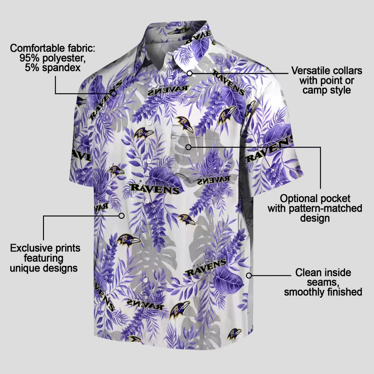 Purple White Baltimore Ravens Hawaiian Shirt, Tropical Leaves NFL Fan Apparel