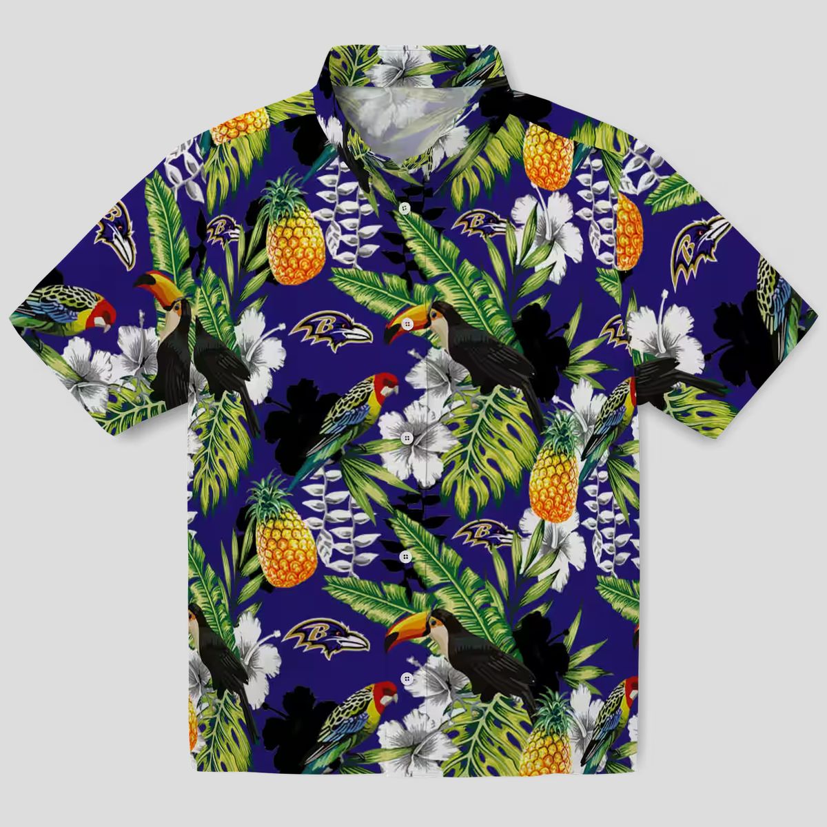 Ravens Themed Summer Vacation Hawaiian Shirt, Tropical Toucan Purple Green NFL Fan Apparel