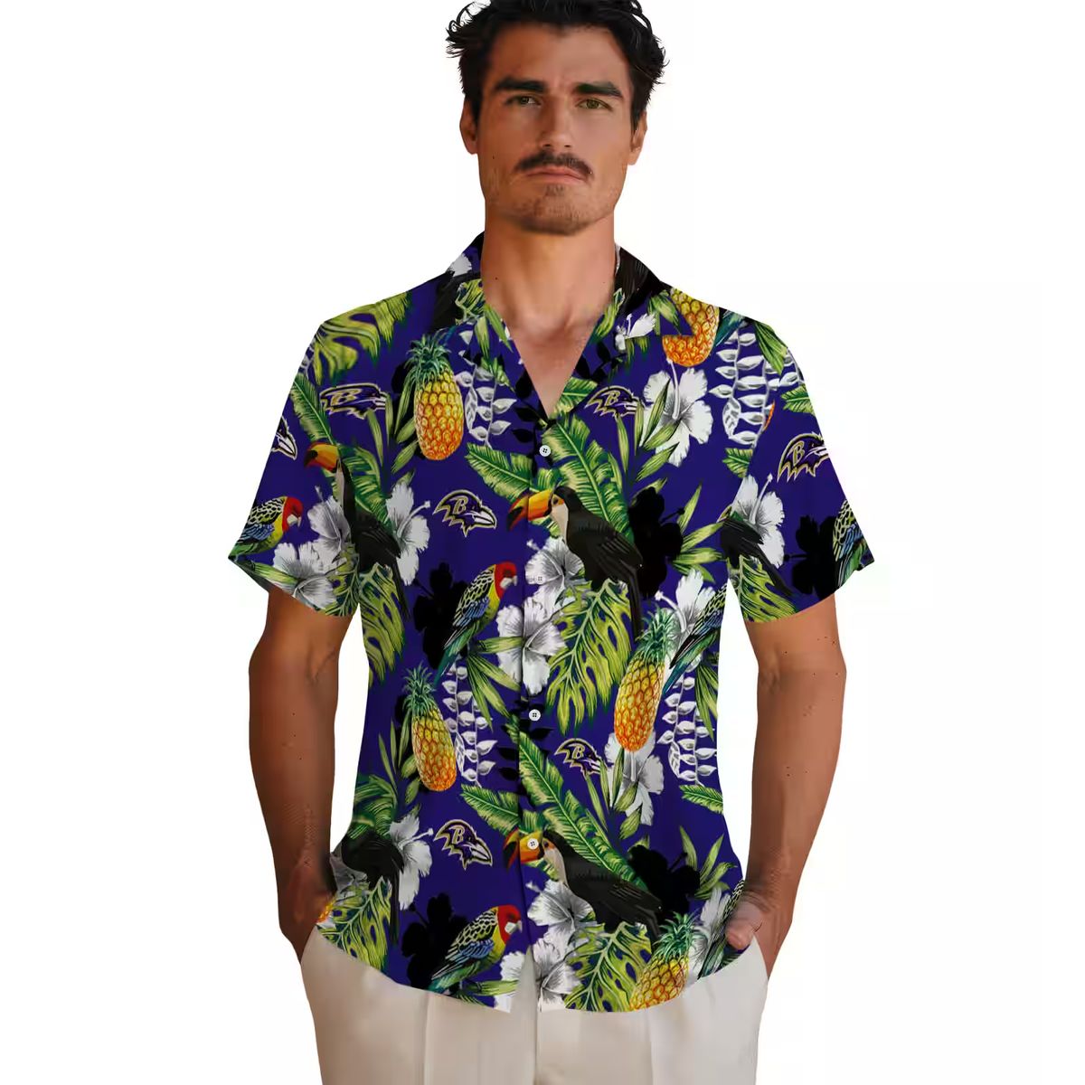 Ravens Themed Summer Vacation Hawaiian Shirt, Tropical Toucan Purple Green NFL Fan Apparel
