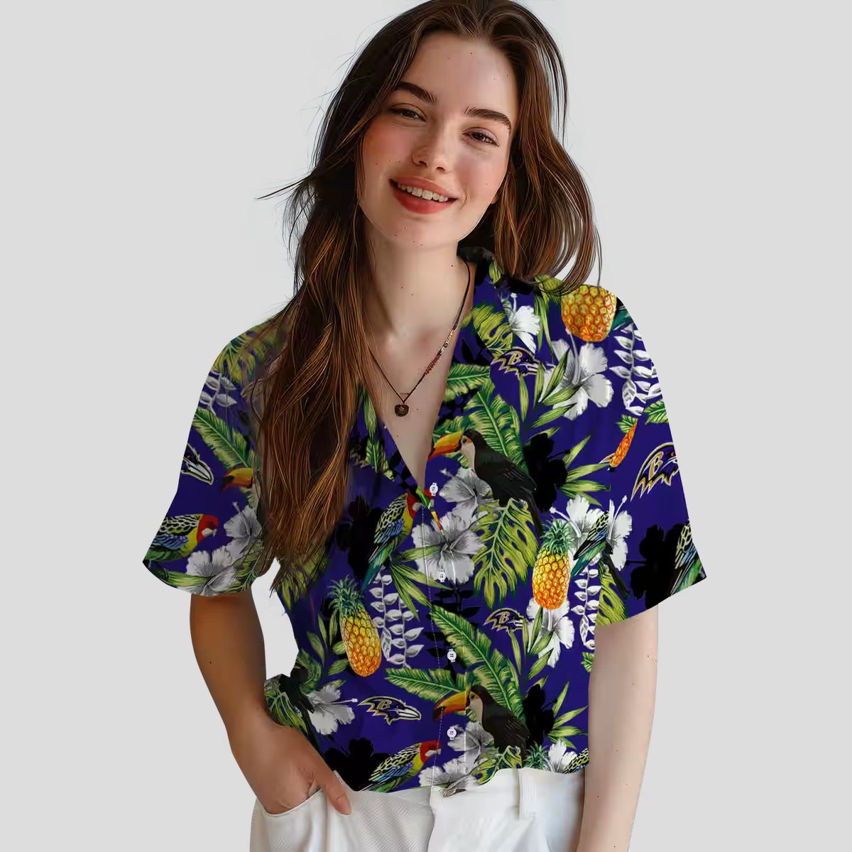 Ravens Themed Summer Vacation Hawaiian Shirt, Tropical Toucan Purple Green NFL Fan Apparel