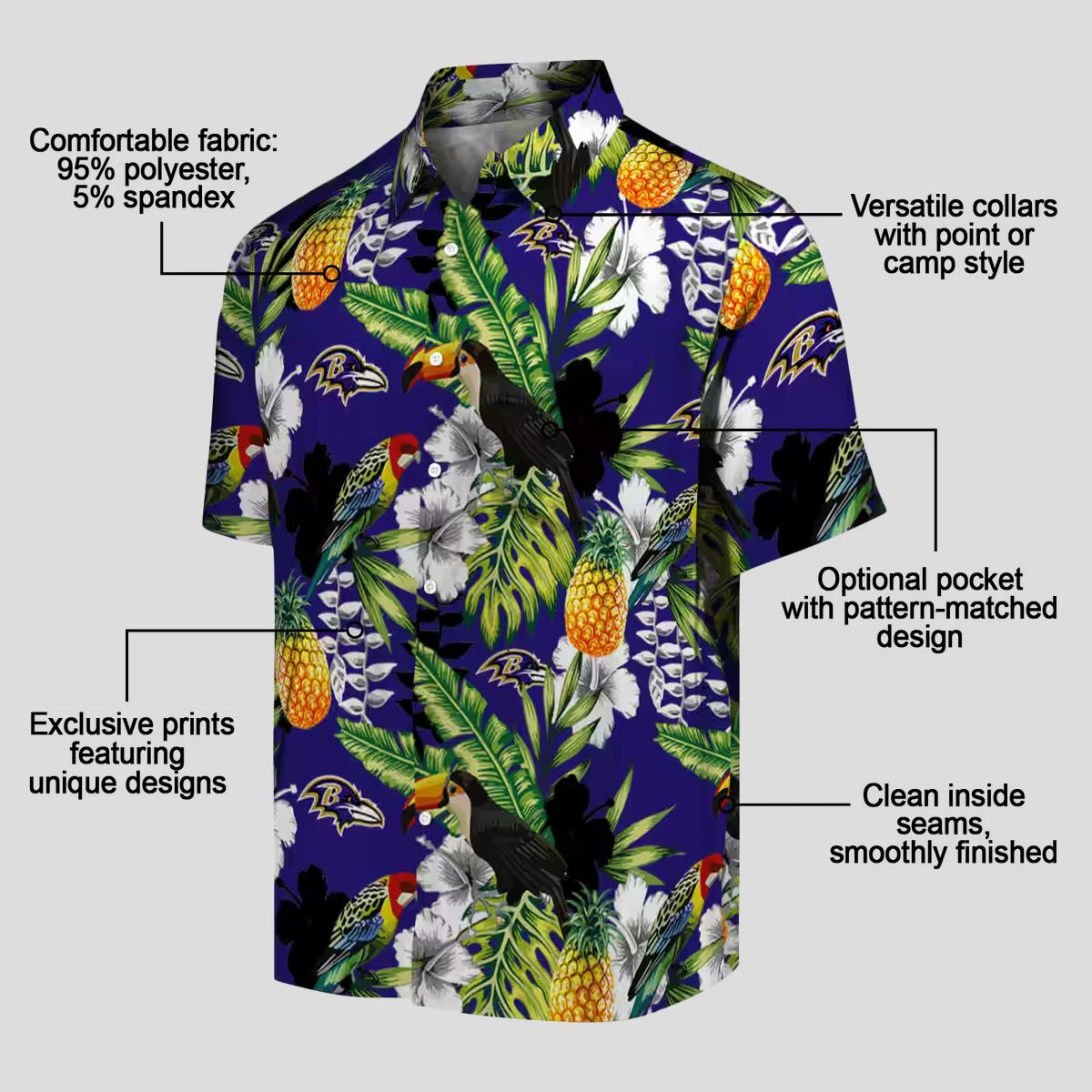 Ravens Themed Summer Vacation Hawaiian Shirt, Tropical Toucan Purple Green NFL Fan Apparel