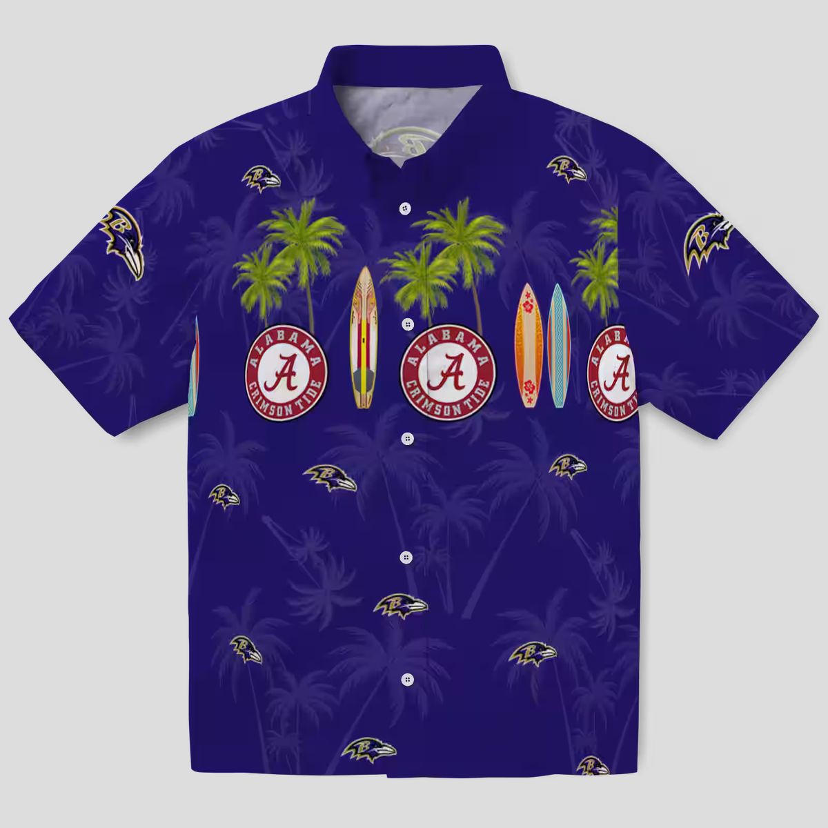Surfboard Palm Theme Baltimore Ravens Purple Hawaiian Shirt