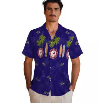 Surfboard Palm Theme Baltimore Ravens Purple Hawaiian Shirt