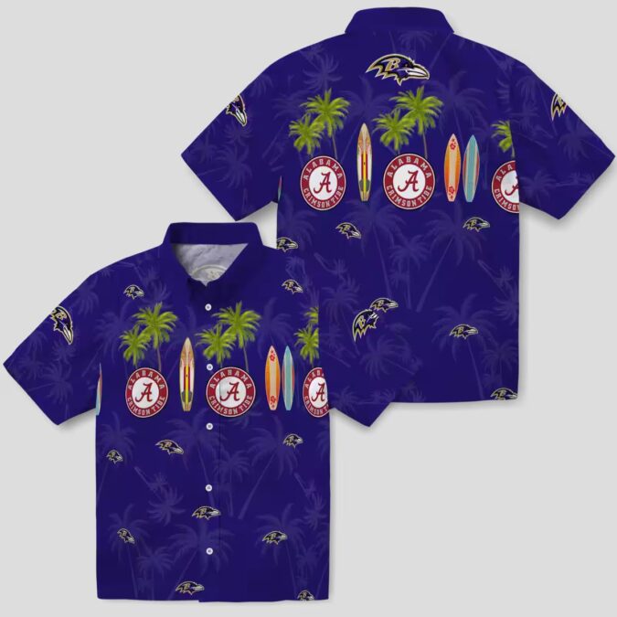 Surfboard Palm Theme Baltimore Ravens Purple Hawaiian Shirt