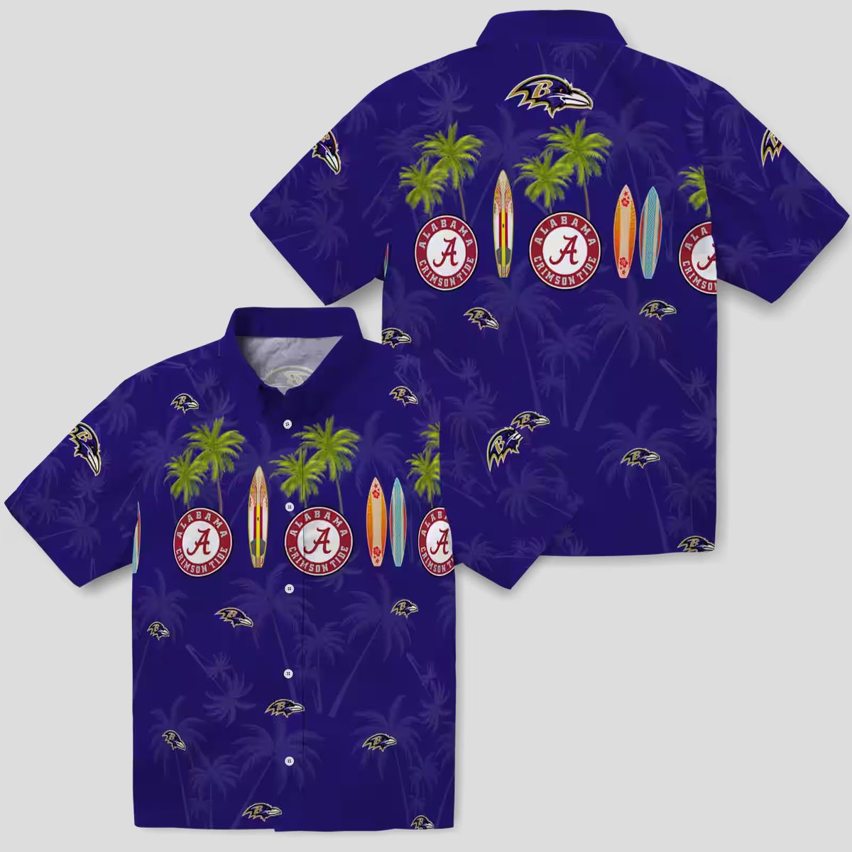 Surfboard Palm Theme Baltimore Ravens Purple Hawaiian Shirt
