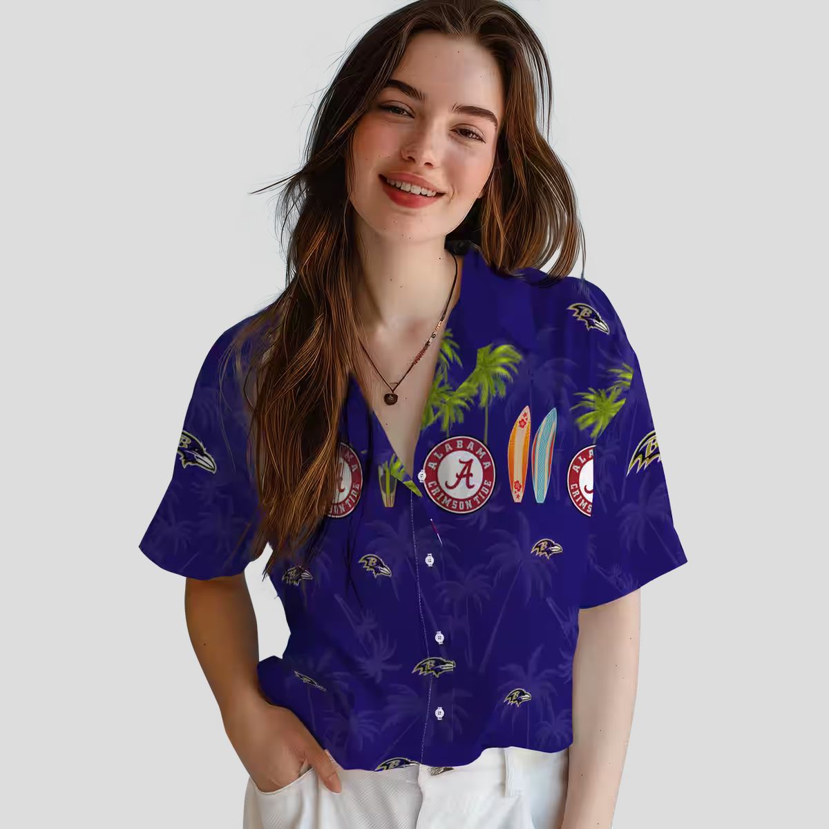 Surfboard Palm Theme Baltimore Ravens Purple Hawaiian Shirt