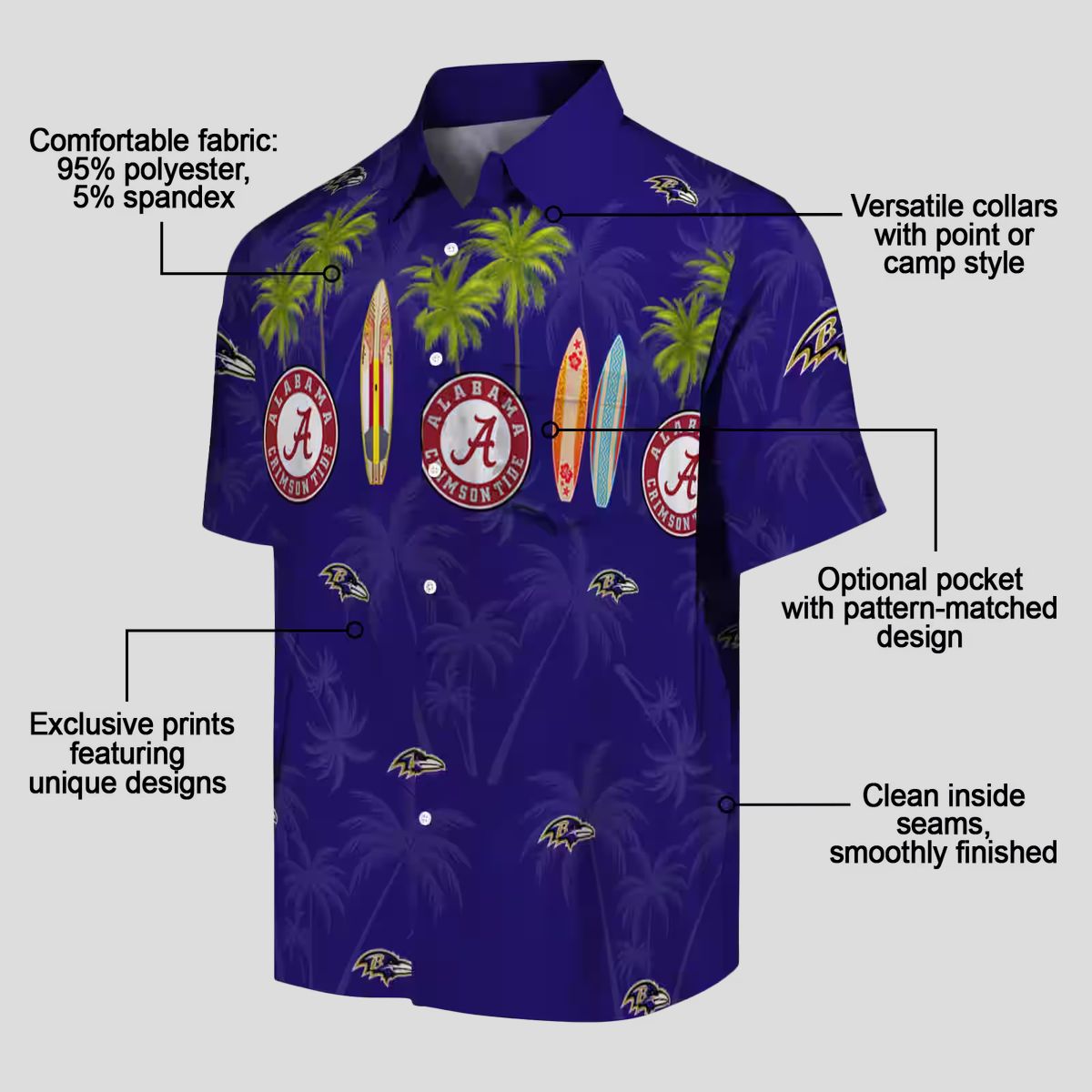 Surfboard Palm Theme Baltimore Ravens Purple Hawaiian Shirt