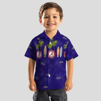 Surfboard Palm Theme Baltimore Ravens Purple Hawaiian Shirt