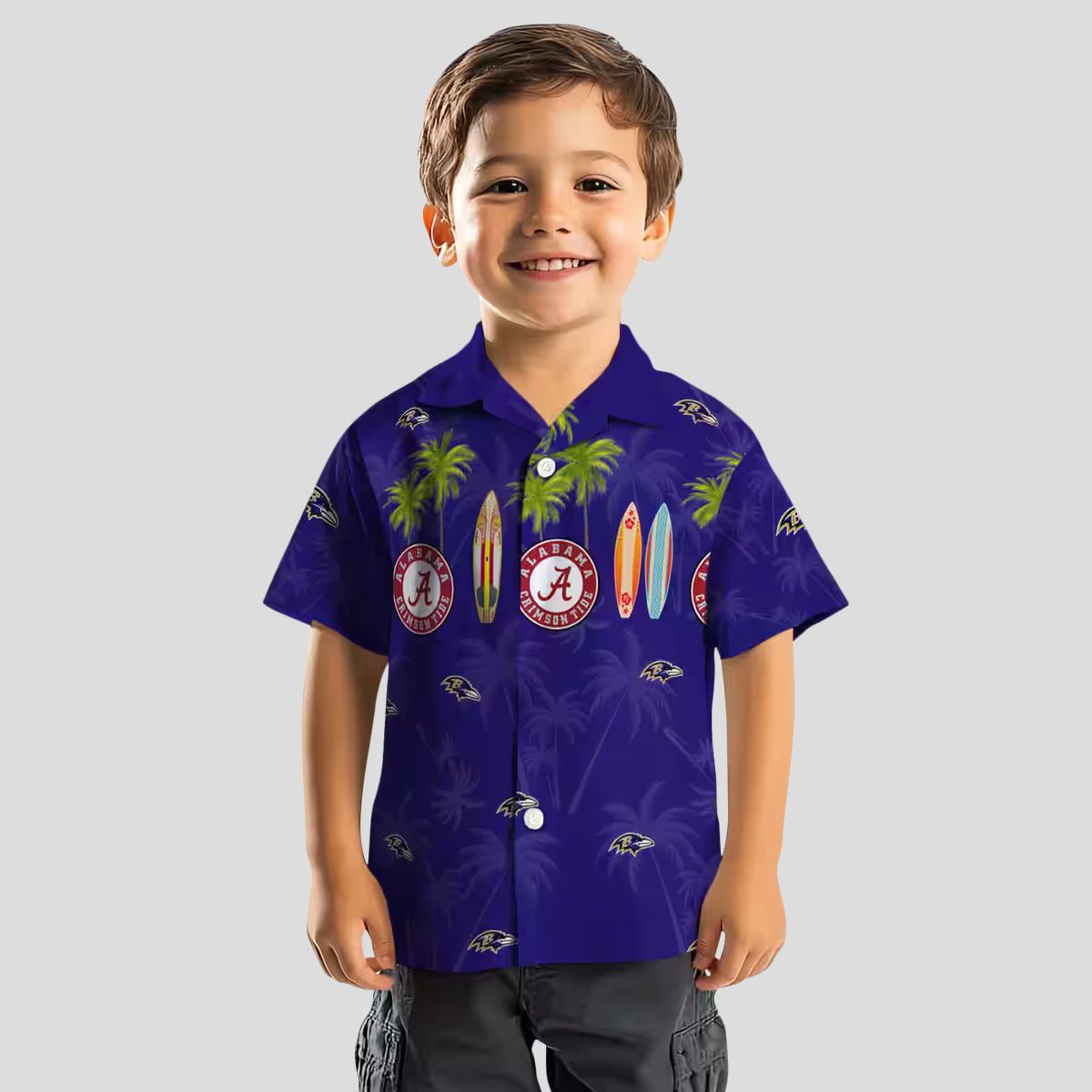 Surfboard Palm Theme Baltimore Ravens Purple Hawaiian Shirt