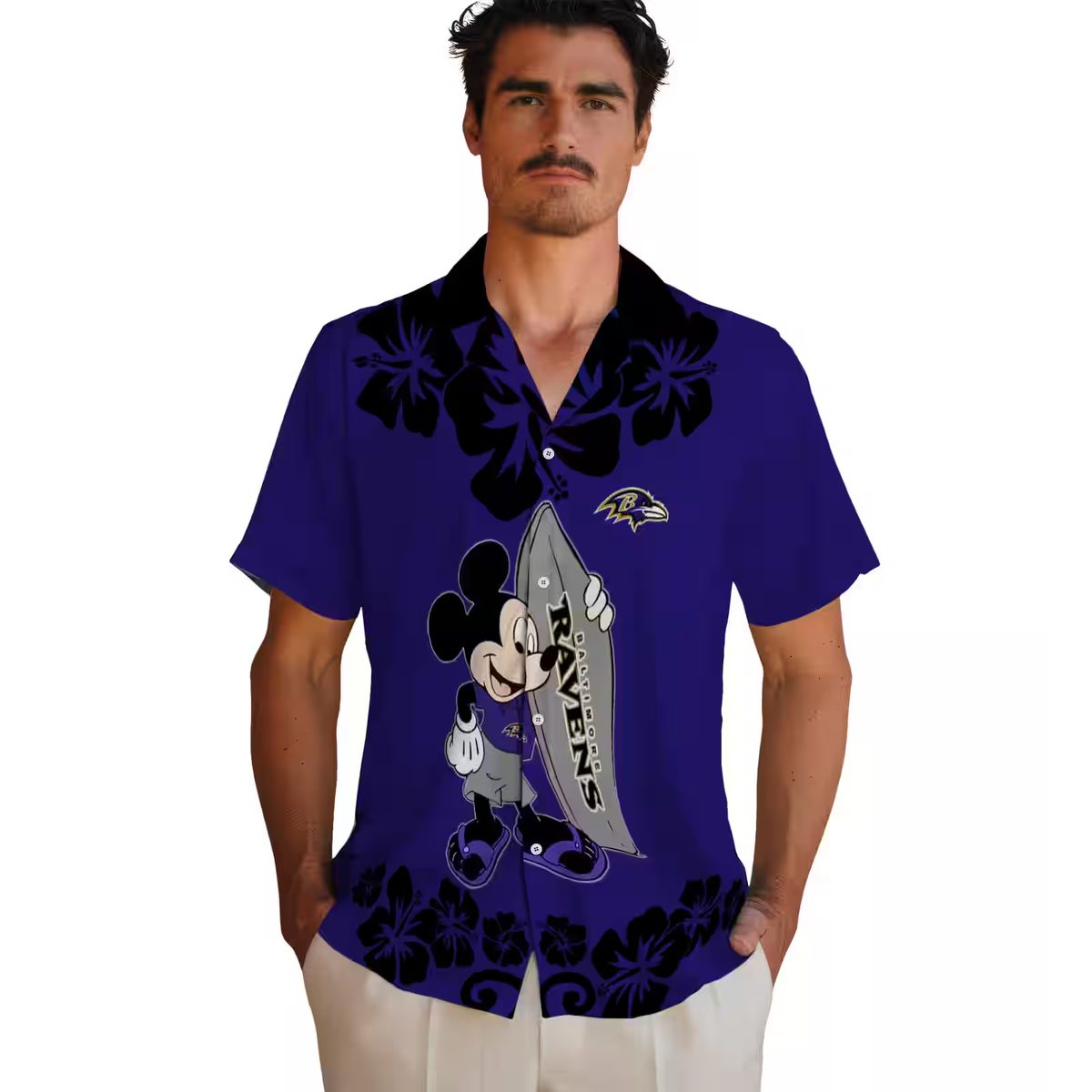 Surfing Mickey Baltimore Ravens Purple Hawaiian Shirt