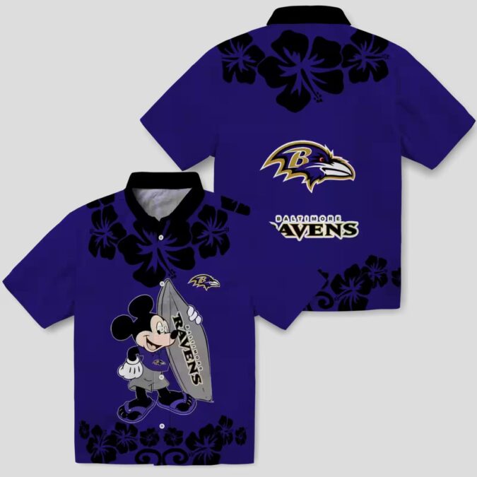 Surfing Mickey Baltimore Ravens Purple Hawaiian Shirt
