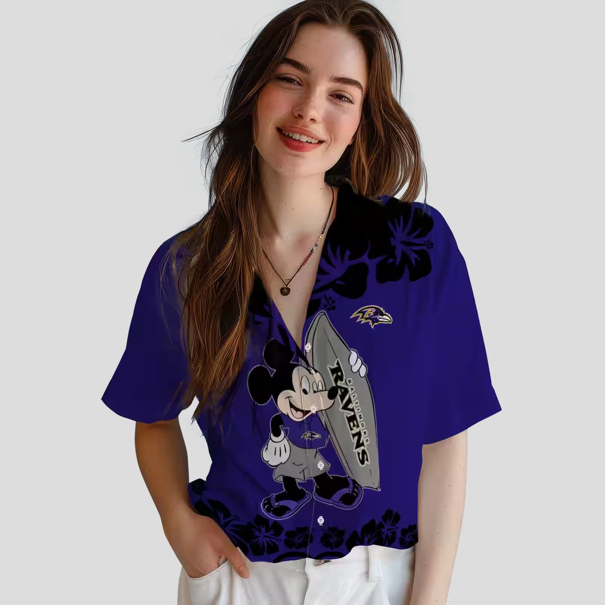 Surfing Mickey Baltimore Ravens Purple Hawaiian Shirt