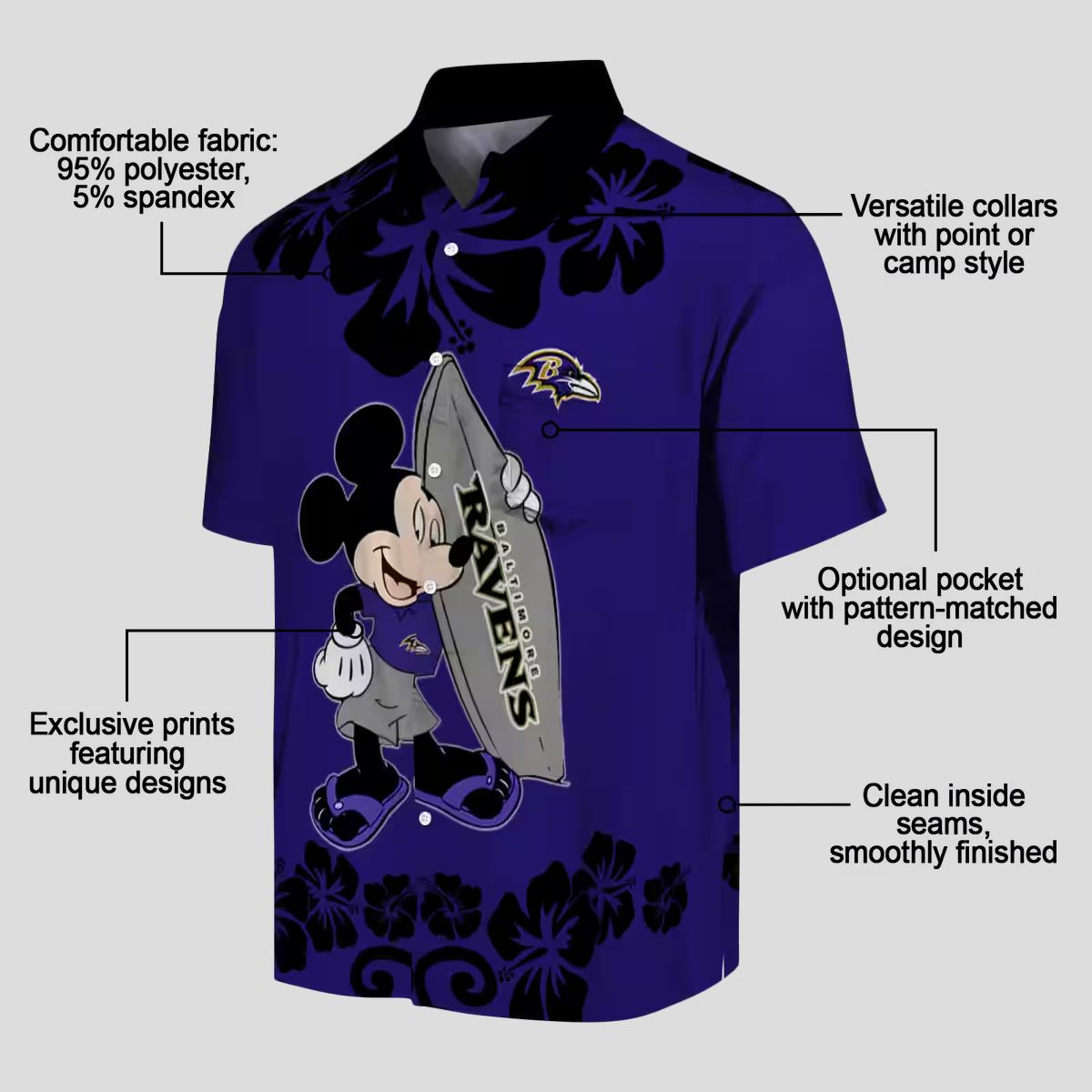 Surfing Mickey Baltimore Ravens Purple Hawaiian Shirt