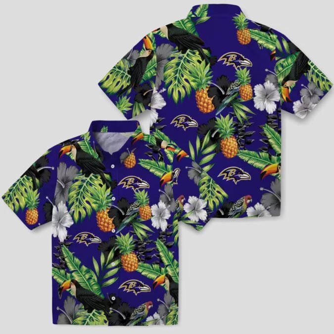 Toucan Hibiscus Pineapple Baltimore Ravens Purple Green Hawaiian Shirt