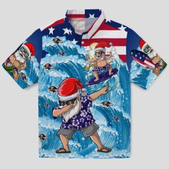 Tropical Baltimore Ravens Surfing Santa Print Blue Hawaiian Shirt