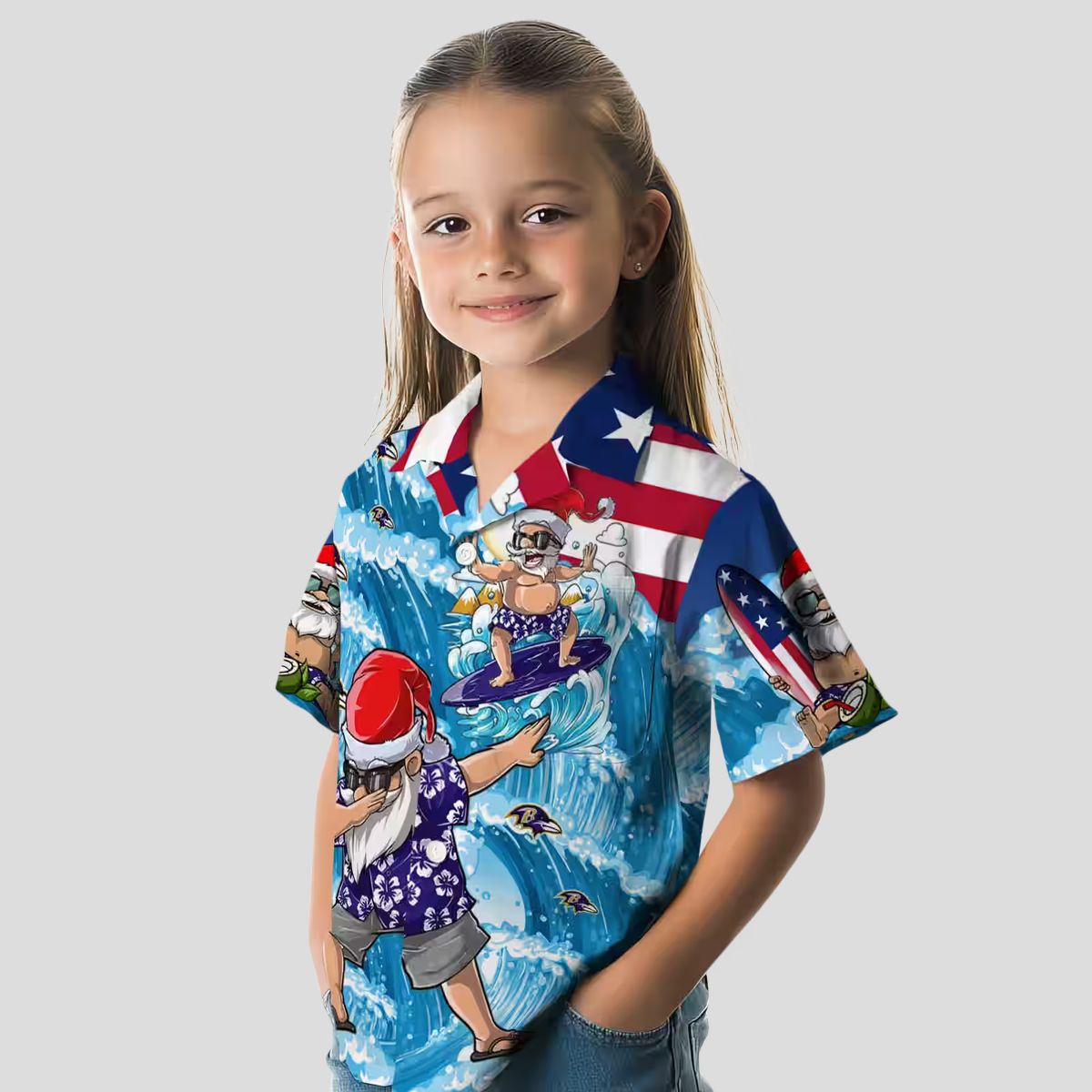 Tropical Baltimore Ravens Surfing Santa Print Blue Hawaiian Shirt