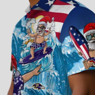 Tropical Baltimore Ravens Surfing Santa Print Blue Hawaiian Shirt