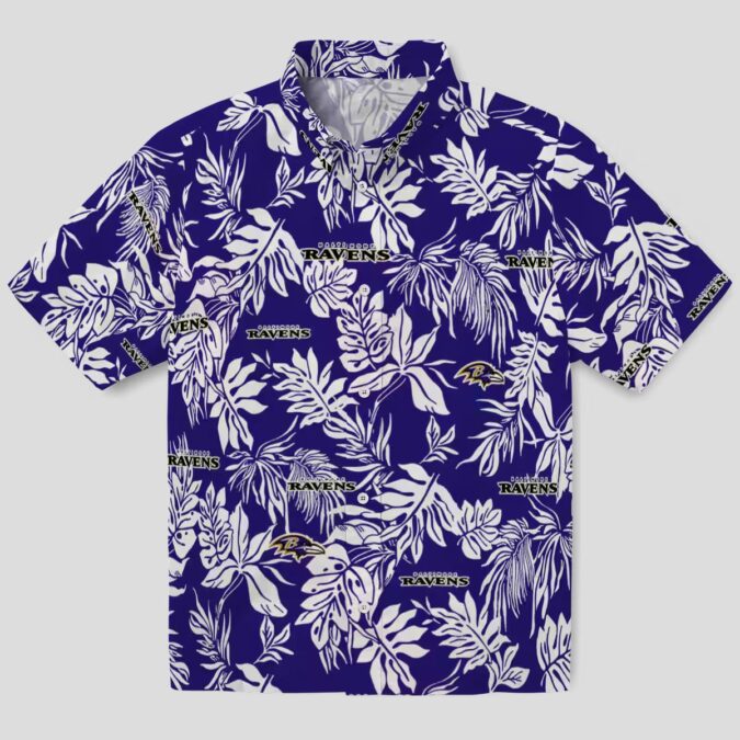 Tropical Leaf Theme Baltimore Ravens Purple White Hawaiian Shirt