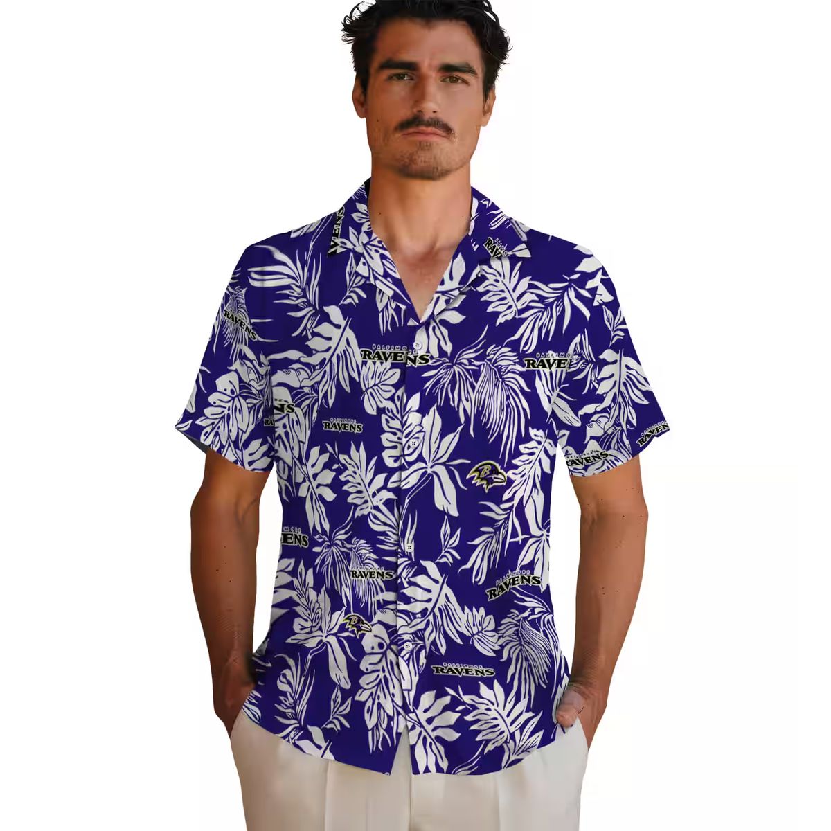 Tropical Leaf Theme Baltimore Ravens Purple White Hawaiian Shirt