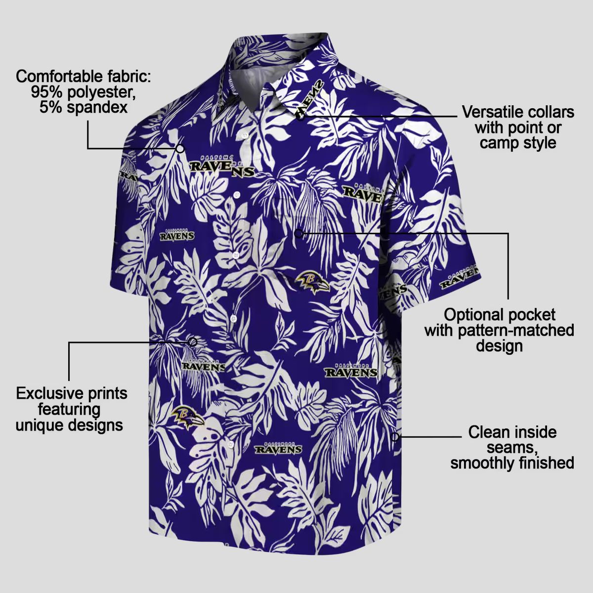 Tropical Leaf Theme Baltimore Ravens Purple White Hawaiian Shirt