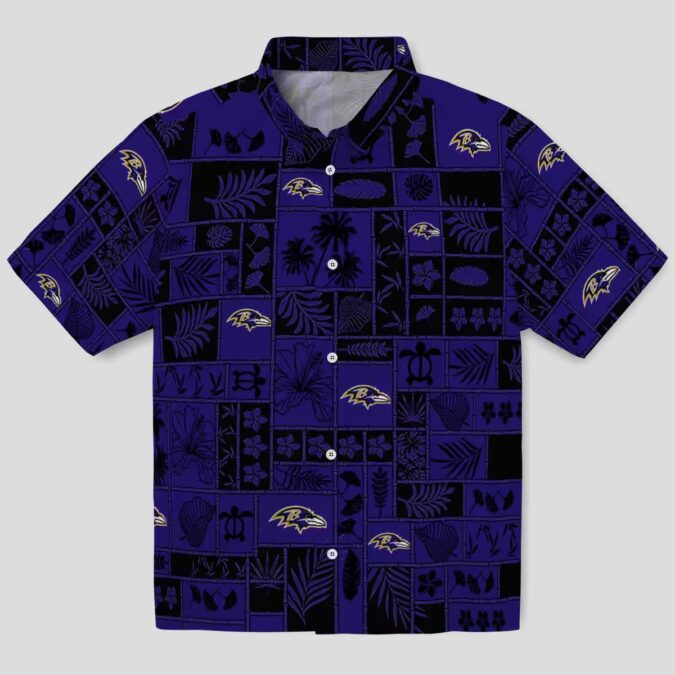 Tropical Patchwork Baltimore Ravens Hawaiian Shirt, Purple Black NFL Fan Apparel