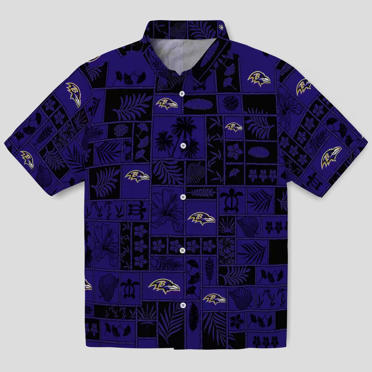 Tropical Patchwork Baltimore Ravens Hawaiian Shirt, Purple Black NFL Fan Apparel