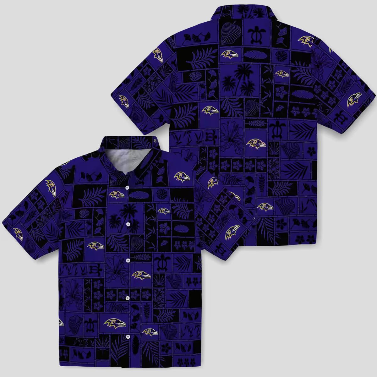 Tropical Patchwork Baltimore Ravens Hawaiian Shirt, Purple Black NFL Fan Apparel